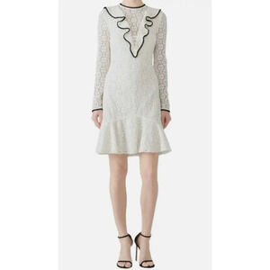 MONIQUE LHUILLIER Ivory Lace Ruffle Mini Dress Size XS Long Sleeve FC407